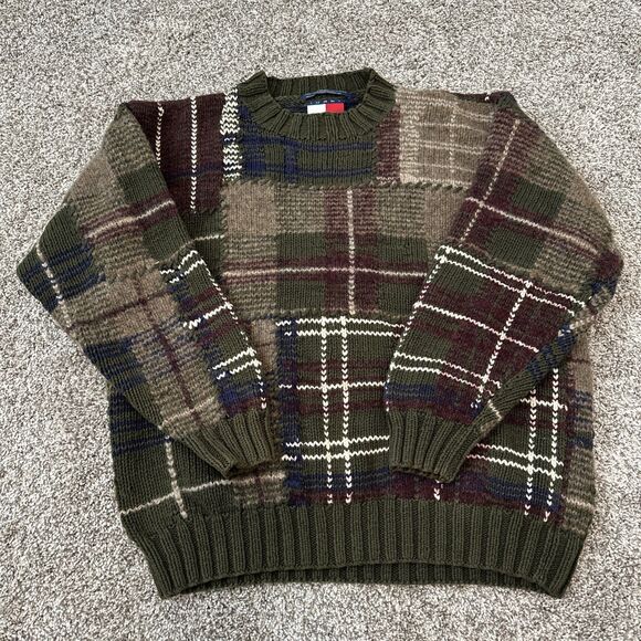 Vintage 90s Men’s Tommy Hilfiger Hand Knit Shetland Wool Sweater Green Size M - Picture 1 of 7